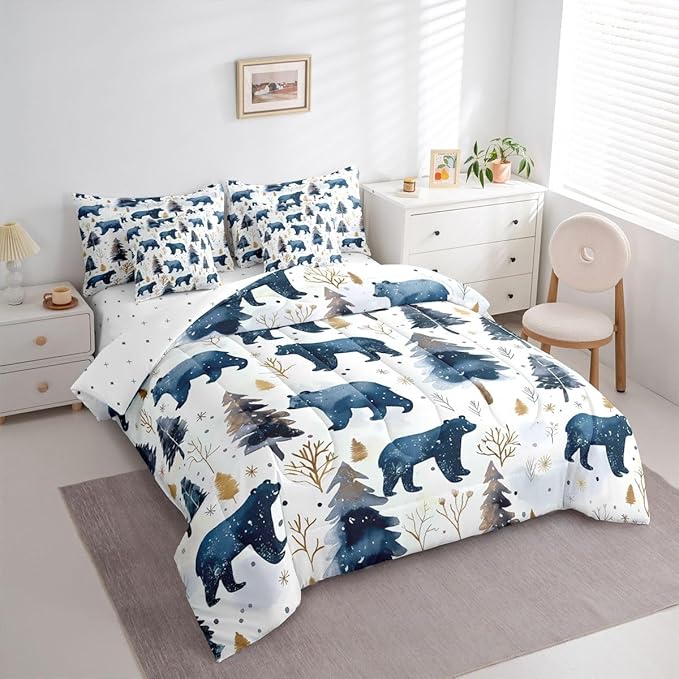 Erosebridal Cabin Bear 7 Piece Comforter Set Twin | Wildlife Jungle Hunting Bed in A Bag Wild Animals Farmhouse Sheet Set Winter Snowflakes Pine Trees Fitted Sheet Breathable Lightweight