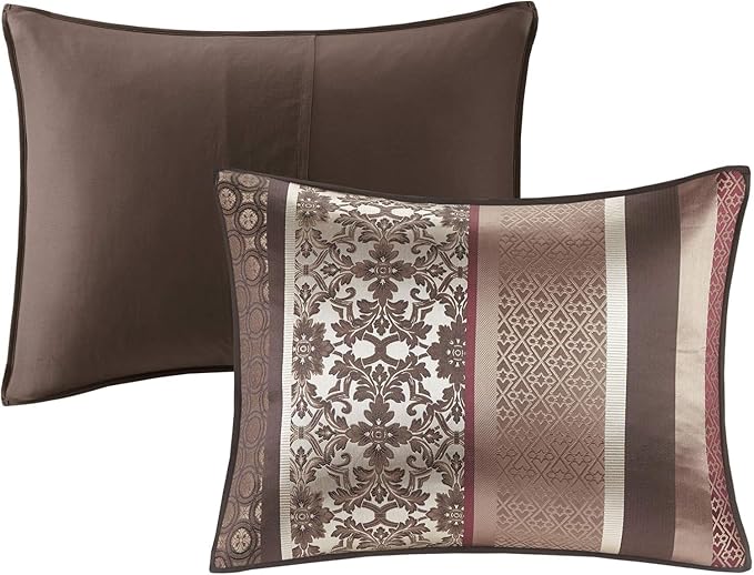 Madison Park Princeton Cozy Comforter Set - Luxurious Jaquard Traditional Damask Design, All Season Down Alternative Bedding with Matching Shams, Decorative Pillow, King(104"x92"), Red 7 Piece
