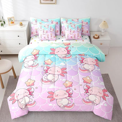 Feelyou Twin Size Cute Pink Axolotl Bed in a Bag Boys Girls Cartoon Salamander Comforter Set with Sheets for Kids Ultra Soft Fish Scales 7 Piece Bedding Set Rainbow Room Decor Breathable Soft