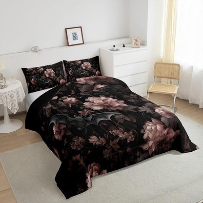 Erosebridal Gothic King Comforter Set for Home, Goth Halloween Decor Bedding Set for Kids Teens Women Men Bedroom, Gothic Bat Black Floral Comforter, Vintage Victorian Baroque Quilt, 2 Pillowcases