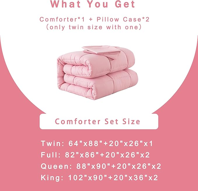 DOWNCOOL Twin Comforter Set -All Season Bedding Comforters Sets with 1 Pillow Case -2 Pieces Bed Set Down Alternative Comforter Set -Pink Twin Bedding Sets(64"x88")