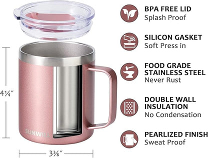 SUNWILL Travel Coffee Mug with Lid, Insulated Tumbler with Handle, 14 oz Stainless Steel Cup Set of 2 for Camping, Outdoor, Cool Grey & Rose Gold 2 Pack