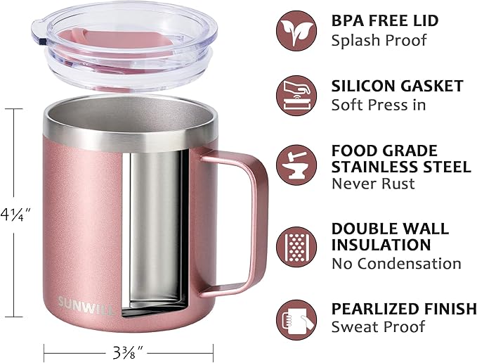SUNWILL Travel Coffee Mug with Lid, Insulated Tumbler with Handle, 14 oz Stainless Steel Cup for Ice, Water, Tea, Rose Gold | with Lid, Insulated Tumbler, with Handle, Cup, for Ice, Water