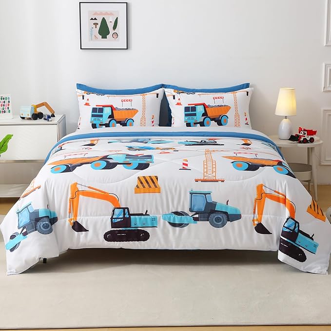 7 Pieces Boys Comforter Set Queen Size Excavator Bedding Set Cartoon Car Kids Bed in a Bag Construction Truck Bedding for Children Kids Boys Teens for Birthday Choice