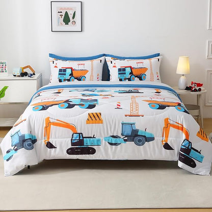 7 Pieces Boys Comforter Set Full Size Excavator Bedding Set Cartoon Car Kids Bed in a Bag Construction Truck Bedding for Children Kids Boys Teens for Birthday Choice