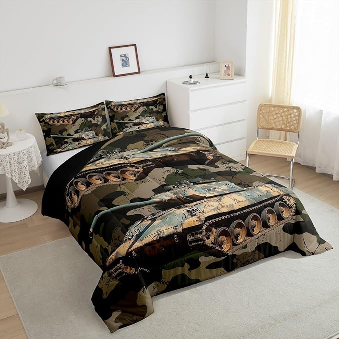 Erosebridal Boys Car Comforter Set Camouflage Tank Cannon Duvet Insert for Kids Children Military Vehicle Bedding Set Retro Camo Vintage Style Quilted Duvet 2Pcs with 1 Pillow Case Twin Size