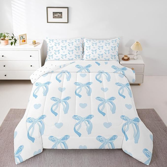 jejeloiu Cute Blue Bow Bedding Set Full Size Ribbon Bow Comforter Set for Kids Women Cartoon Love Heart Duvet Set Blue White Quilt Set 3Pcs