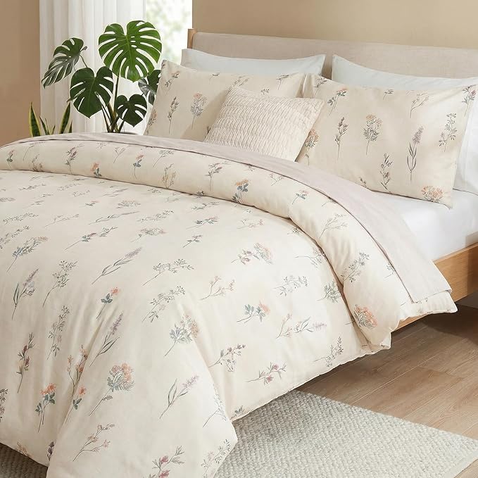 100% Cotton Comforter Set King Size Cute Floral Bedding Comforter Sets 3 Pieces Chic Garden Printed Comforter Sets Breathable Soft Reversible Botanical Comforter(Floral, King)