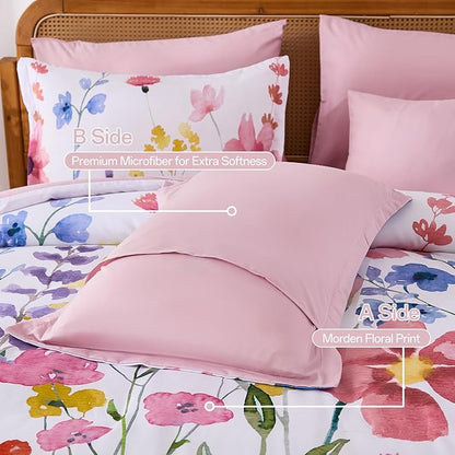 Annibedding Pink Floral Queen Comforter Set, 8 Piece Soft Microfiber Flower Bed in a Bag Bedding Set with Pillowcase and Sheets for All Season (90"x90")