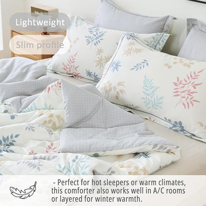 White Cotton Comforter Queen Size 3Pcs - Blue, Beige and Blush Botanicals Pattern on White, Gray Grid Back, Reversible Lightweight Bedding Sets with Soft Fill(Queen, 90"×90")
