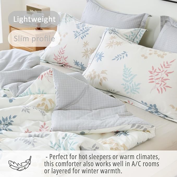 White Cotton Comforter King Size 3Pcs - Blue, Beige and Blush Botanicals Pattern on White, Gray Grid Back, Reversible Lightweight Bedding Sets with Soft Fill(King, 104"×90")
