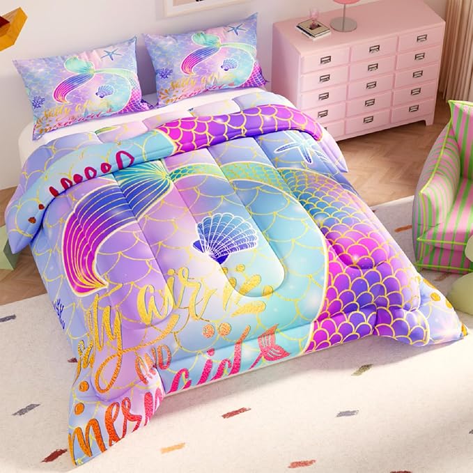 Mermaid Comforter Sets,Cute Pattern for Kids Girls Adults,Decorative Bedding Comforter Sets with 2 Pillow Shams, Twin Size