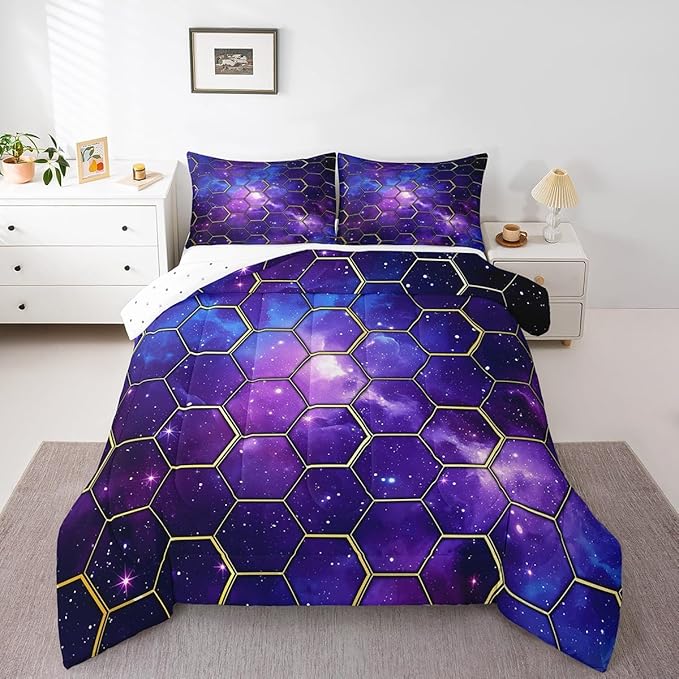 Manfei Galaxy Honeycomb Comforter Set Full Size, Geometric Hexagon Print Bedding Set 3pcs, Blue Purple Starry Sky Down Comforter for All Season, Kids Boys Girls Room Decor, 2 Pillowcases