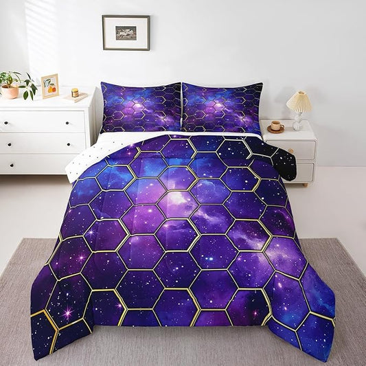 Manfei Galaxy Honeycomb Comforter Set King Size, Geometric Hexagon Print Bedding Set 3pcs, Blue Purple Starry Sky Down Comforter for All Season, Kids Boys Girls Room Decor, 2 Pillowcases