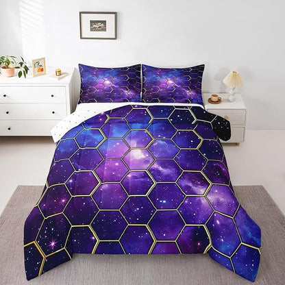 Manfei Galaxy Honeycomb Comforter Set Twin Size, Geometric Hexagon Print Bedding Set 2pcs, Blue Purple Starry Sky Down Comforter for All Season, Kids Boys Girls Room Decor, 1 Pillowcase