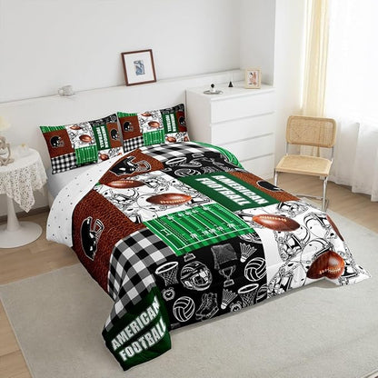 Feelyou Rugby Comforter Set Toddler Size Soccer Ball Game Comforter Football Bedding Set Gift for Football Lover Duvet Set Green Brown Black Quilt Set