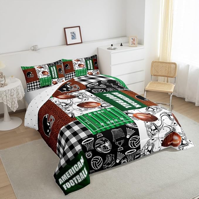 Feelyou Rugby Comforter Set Twin Size Soccer Ball Game Comforter for Boys Girls Teens Football Bedding Set Gift for Football Lover Duvet Set Green Brown Black Quilt Set