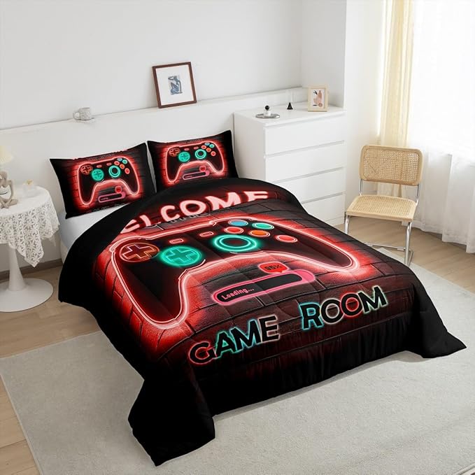 jejeloiu Red Gamer Gaming Bedding Set Toddle Size for Boys Game Console Comforter Set Kids Teens Neon Light Duvet Set Cool Game Room Decor Quilt Set 2Pcs