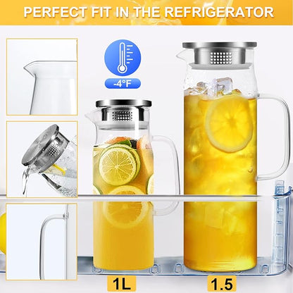 Yirilan Glass Pitcher, 1.5liter Glass Pitcher With Lid, Carafes and Pitchers, Iced Tea Pitcher, Water Carafe With Handle, Heat Resistant Borosilicate Glass Jug, Beverage Pitcher, Tea Jug With Brush