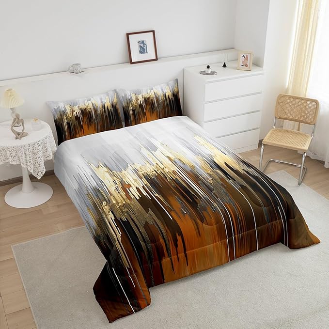 Erosebridal Brown Bedding Set Queen Ombre Abstract Comforter Set, Brush Marks Gradient Duvet Insert Contemporary Golden Metallic Quilt Comforter, Watercolor Stripe Aesthetic Bedding Comforters & Sets