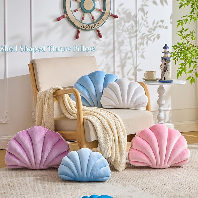 shell pillow，Seashell Decorative Pillow Light blue Seashell Shaped Throw Pillows 13x10 Inch Decorative Room Decor Cute Pillows for Couch Bed Home Decor