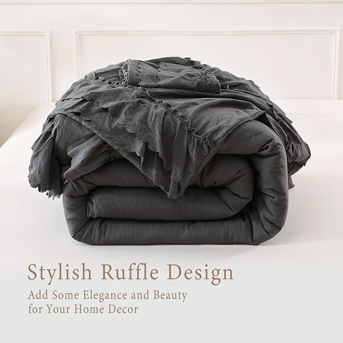 Herside Dark Grey Ruffle Comforter Set Queen Size,Shabby Chic Boho Bedding Sets, Soft Fluffy Comforters Sets for All Season,Vintage Ruffled 3 Pcs Microfiber Lightweight Quilt Set for Women Girls