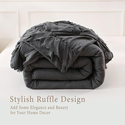 Herside Dark Grey Ruffle Comforter Set Queen Size,Shabby Chic Boho Bedding Sets, Soft Fluffy Comforters Sets for All Season,Vintage Ruffled 3 Pcs Microfiber Lightweight Quilt Set for Women Girls