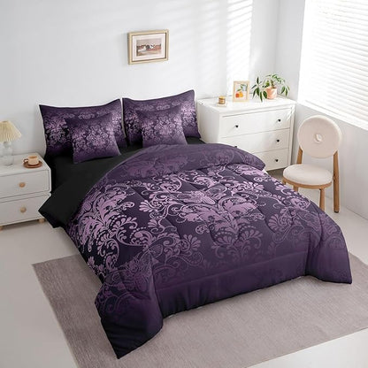 Erosebridal Gothic Damask Bed in a Bag Queen Comforter Set 7 Piece,Exotic Moth Bedding Sets Purple Victorian Floral Goth Sheet Set with Comforter