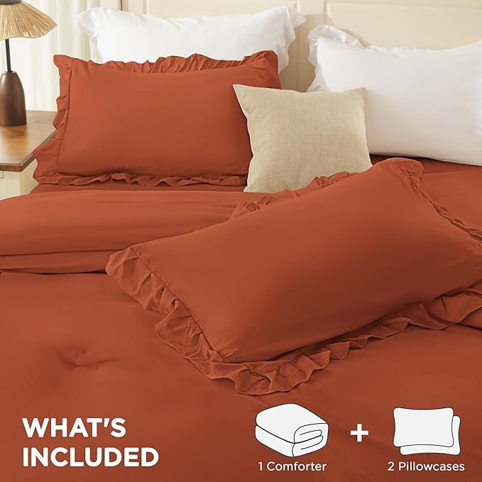 Andency Terracotta Full Size Comforter Set (79x90Inch), 3 Pieces Fluffy Farmhouse Shabby Chic Ruffle Bedding Sets, All Season Soft Lightweight Bed Set, Burnt Orange