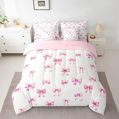 Feelyou Pink Girls Bow 7 Pieces Comforter Sets Boys Girls Queen Size Bow Bedding Set for All Season for Kids Women Men Cute Bowknot Bed in a Bag with Comforter, Sheets, Pillowcases & Cushion Cover