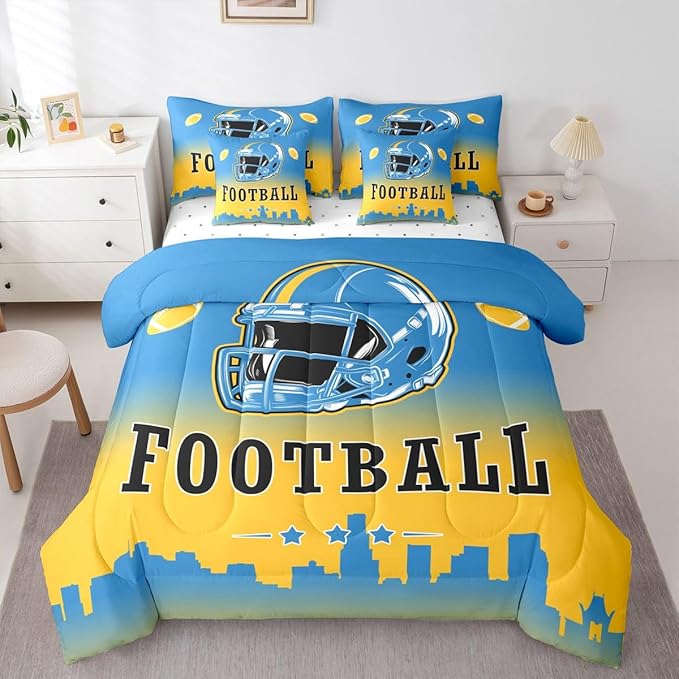 Erosebridal American Soccer 7 Pcs Bedding Set Full Boys Football City Comforter Set with Sheets Sports Rugby Competitive Ball Games Bed in A Bag Blue Yellow Bed Set for Kids Teen Adults