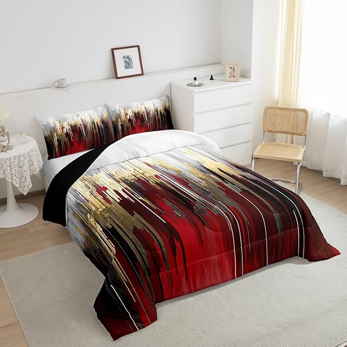 Erosebridal Burgundy Bedding Full Graffiti Ombre Comforter Set, Brush Strokes Oil Painting Down Comforter Modern Contemporary Bedding Comforter Sets, Gold Metallic Abstract Gradient Duvet Insert 3pcs