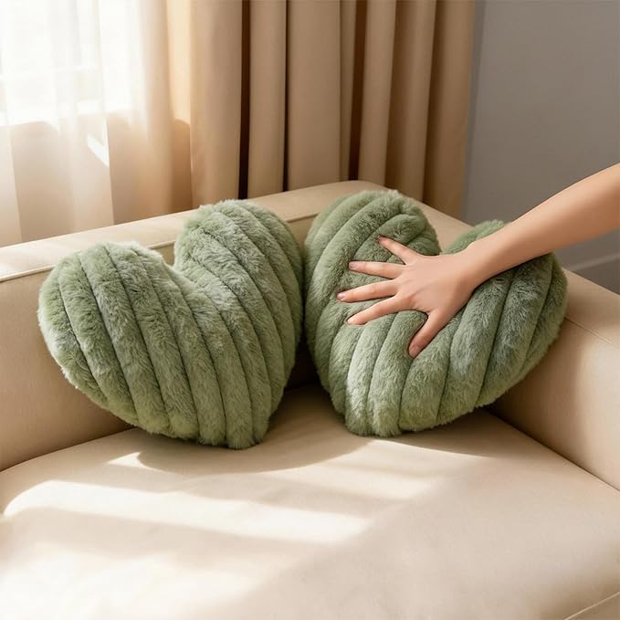 2 Pcs Sage Green Heart Throw Pillows, 16 Inch Soft Fluffy Heart-Shaped Comfort Pillows with Calming Texture, Hug Pressure for Relaxing Moments, Ideal for Sofa, Reading, and Naps (Sage Green)