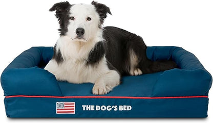 The Dog’s Bed Orthopedic Memory Foam Dog Bed with Bolsters, Oxford Fabric, Blue with Dark Red Trim, L