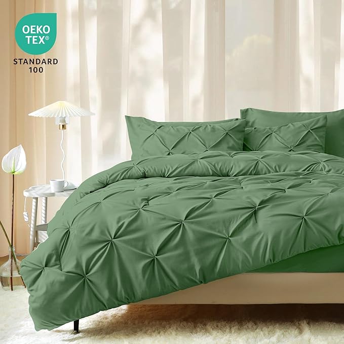 JOLLYVOGUE Full Size Comforter Sets 7 Pieces - Bed in a Bag Full for All Season, Pintuck Bedding Comforter Sets with Comforter, Flat Sheet, Fitted Sheet and Pillowcases & Shams, Green