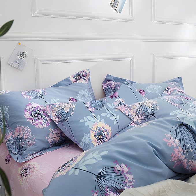 MKXI Purple Floral Comforter Set Dandelion Print Comforter Queen Set Cozy Patterned Comforter Reversible Flowers Bedding Set Queen Size