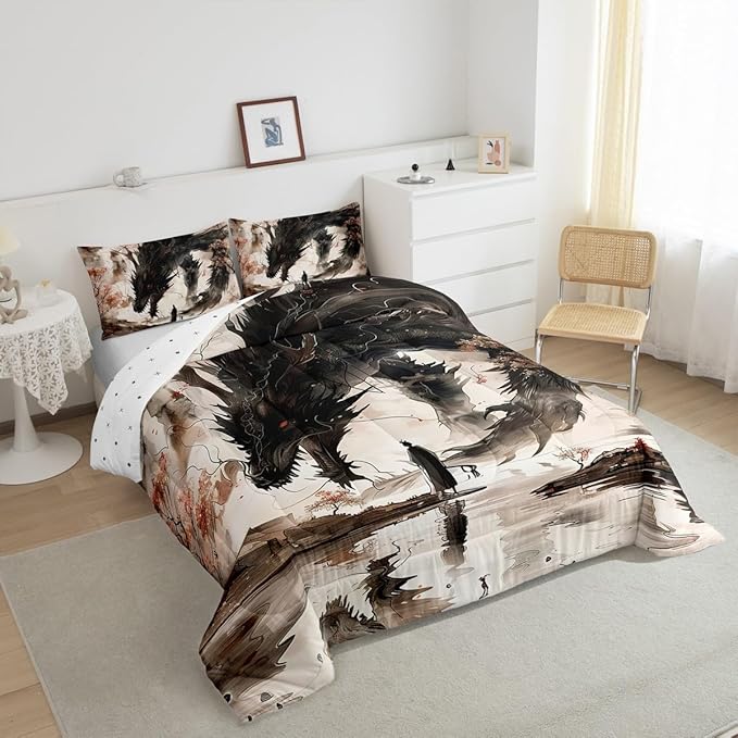 Feelyou Dragon Comforter Set Full Size Japanese Style Comforter for Boys Girls Teens Samurai Bedding Set Japanese Ukiyoe Duvet Set Room Decor Black Beige Quilt Set