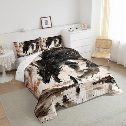 Feelyou Dragon Comforter Set Toddler Size Japanese Style Comforter for Boys Girls Teens Samurai Bedding Set Japanese Ukiyoe Duvet Set Room Decor Black Beige Quilt Set