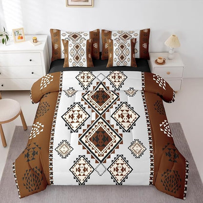 Erosebridal Farmhouse Aztec Bedding Set Full 7-Piece Rustic Vintage Southwestern Comforter Set Western Ethnic Geometric Diamond Bed in A Bag for Kids Boys Men Boho Country Tribal Art Room Decor