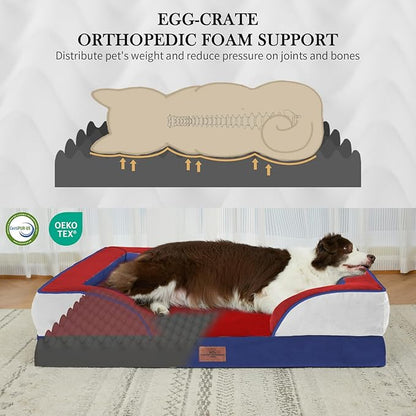 Comfort Expression Orthopedic Dog Bed for Large Dogs 36x27 Inch, Waterproof Egg Crate Foam Large Pet Bed with Removable Bolsters, Dog Couch with Washable Cover & Non-Slip Bottom, Primary Tri-Color