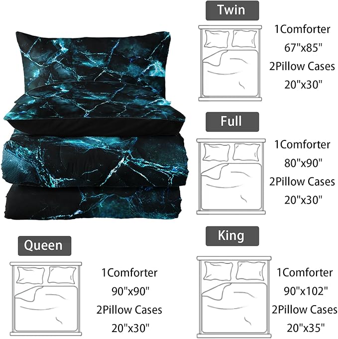 Blue Comforter Set King Size，Blue Marble Bedding Set 3 Pcs Bedding for Adults, Marble Room Decor with Comforter and 2 Pillowcases Soft and Lightweight B-Side Black
