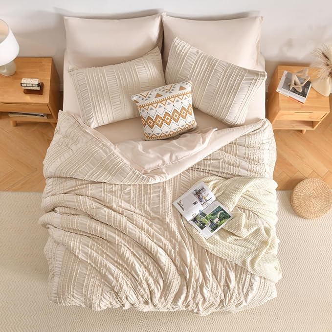 Beige Tufted Comforter Set King Size 7 Piece Bed in a Bag，Shabby Chic Boho Bedding for Bedroom Comforter，All Season Soft Microfiber Ruffle Comforter Set with Pillow and Sheets