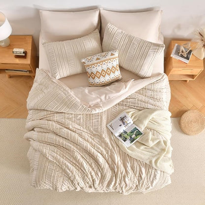 Beige Tufted Comforter Set King Size 7 Piece Bed in a Bag，Shabby Chic Boho Bedding for Bedroom Comforter，All Season Soft Microfiber Ruffle Comforter Set with Pillow and Sheets