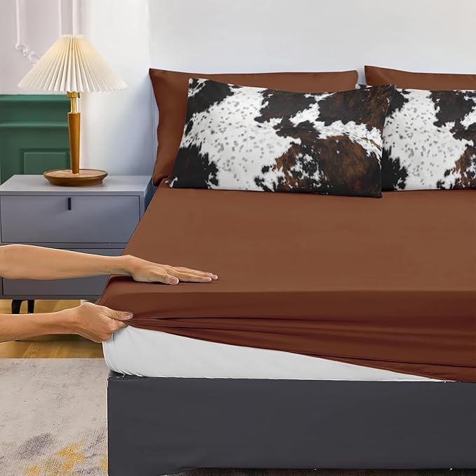 MUGINYU Brown Cowhide Comforter Set Full, 7 Pieces Bed in a Bag Black White Cow Skin Print Western Farmhouse Animal Fur Bedding Set