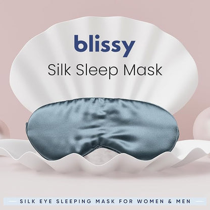 Blissy Silk Sleep Mask - Eye Sleeping Mask for Women & Men for Total Blackout - 100% Pure Mulberry Silk, 22 Momme 6a Fibers - Blindfold Sleep Mask Side Sleeper Eye Cover (Ash Blue)
