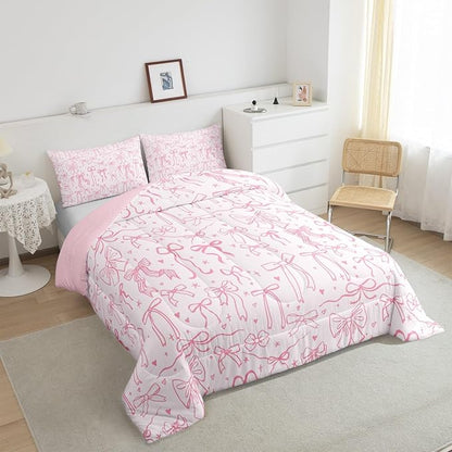 Pink Bowknot Kids Comforter Set Twin Size,Princess Girl Bedding Sets,Cartoon Bow Tie Butterfly Knot Quilt Set Bow Stars Love Pink Sweet Girly Duvet Insert Child Teens Woman Room Decor 2Pcs