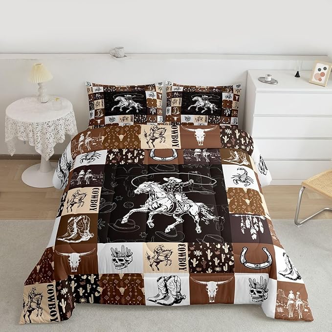Cowboy Comforter Set King Size,Western Bedding For Boys,Bull Skull Horse Bedding Comforter Sets,Boho Arrows Feather Quilt Set Brown Plaid Grid Print Duvet For Kids Teens Room Decor,2 Pillowcases