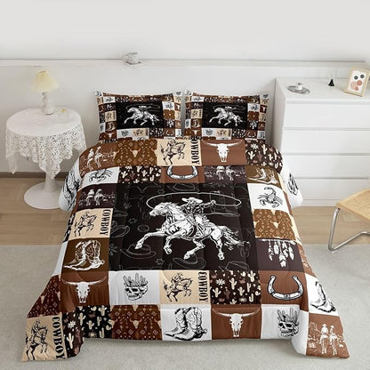 Cowboy Comforter Set King Size,Western Bedding For Boys,Bull Skull Horse Bedding Comforter Sets,Boho Arrows Feather Quilt Set Brown Plaid Grid Print Duvet For Kids Teens Room Decor,2 Pillowcases