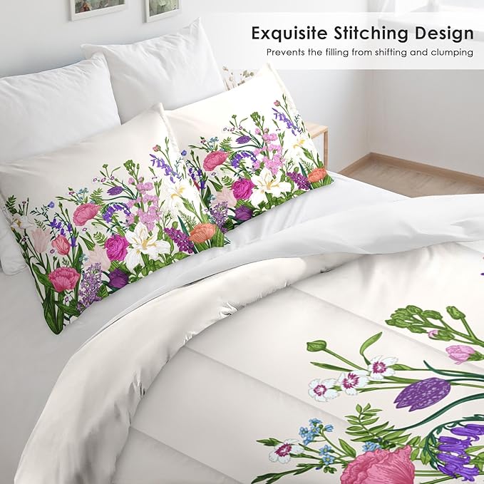 Comforter Set Queen Size, Floral Spring Summer 3 Pcs Soft Bedding Set for Kids and Adults, Flower Botanical Tulip Comforter Set with 2 Pillowcases, for Bedroom Bed Decor