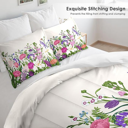 Comforter Set Queen Size, Floral Spring Summer 3 Pcs Soft Bedding Set for Kids and Adults, Flower Botanical Tulip Comforter Set with 2 Pillowcases, for Bedroom Bed Decor